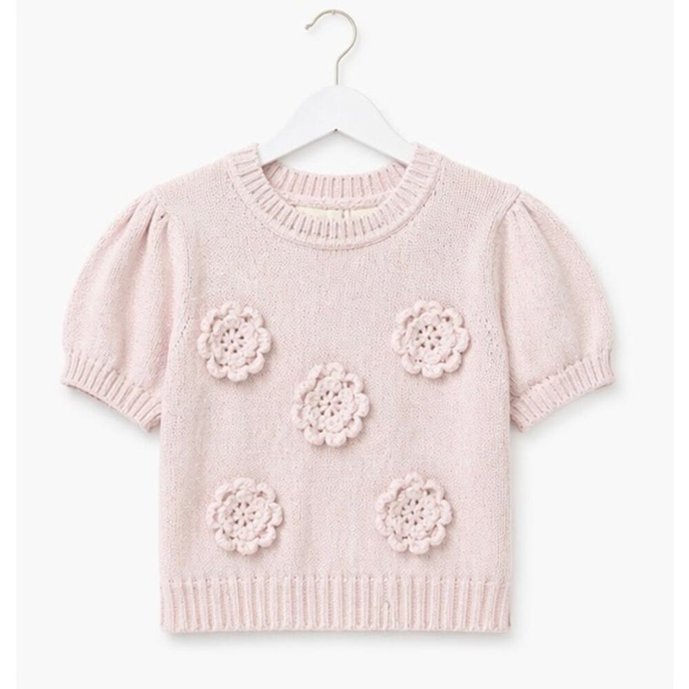 Aerie Pink Sweater Size S Puff Sleeve Floral Knit Short Sleeve